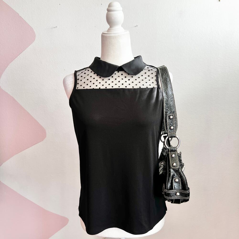 Black Mesh Peter Pan Collar Top Sheer Gothic Fairy Grunge Vintage Medium‎